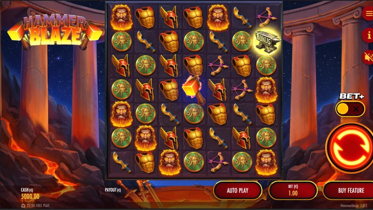 Interface do slot Hammerblaze com temática de forja vulcânica
