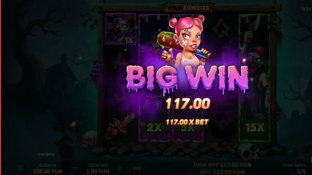 Interface de jogo do slot Wild Zombies com personagens zumbis e elementos de terror cômico